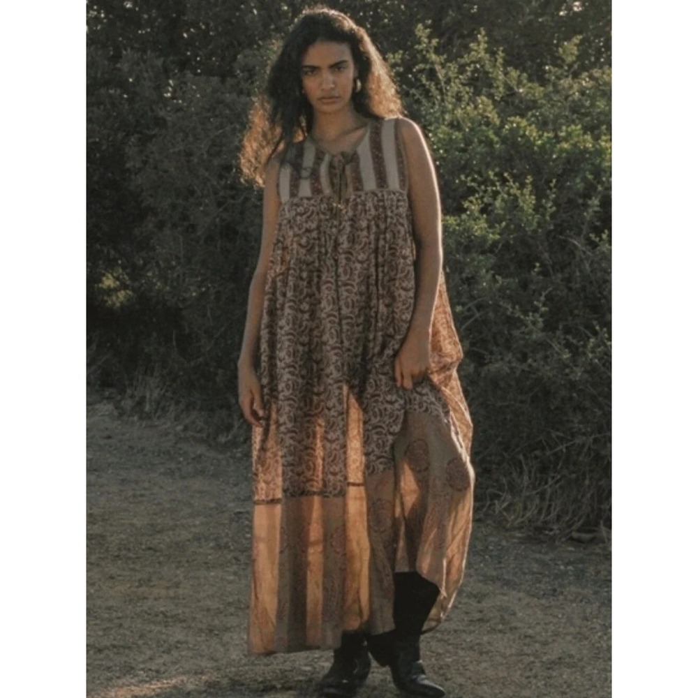 Daughters of India Cotton Maxi Dress Rust Tan Boho Small Flowy Ethereal Earthy